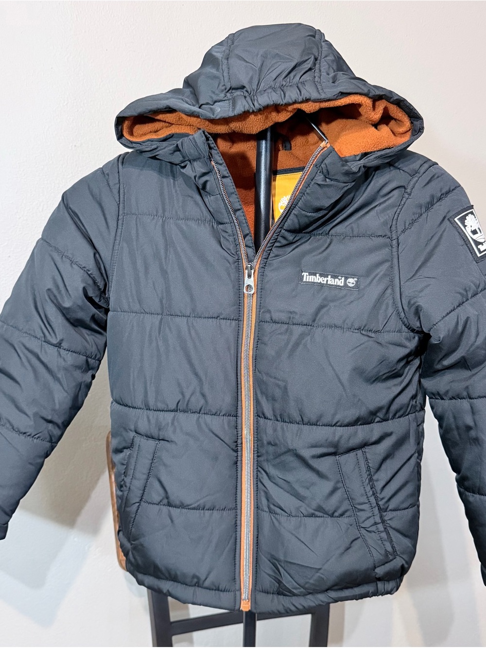 Timberland Kids Hooded Puffer Jacket Insulated Fleece Lined Gray Brown 7